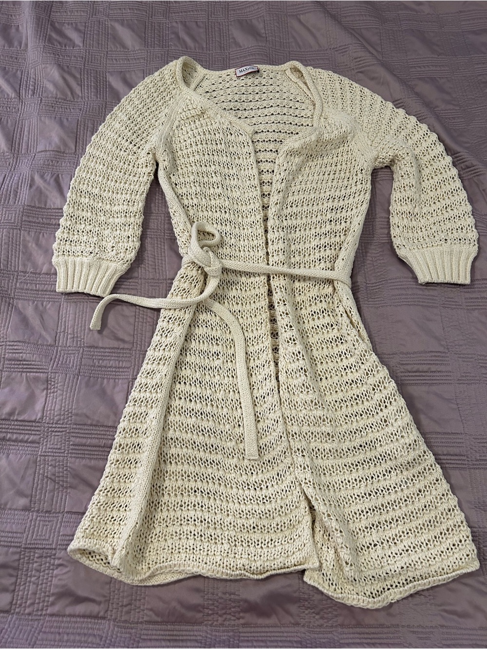 Max & Co. Cream Open-Knit Belted Cardigan